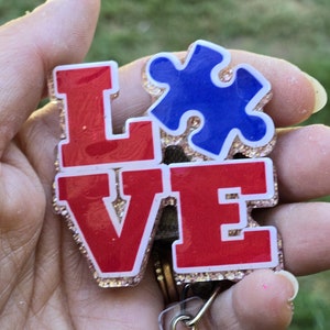 Changeable LOVE Badge Reel with Puzzle Piece for Autism Awareness