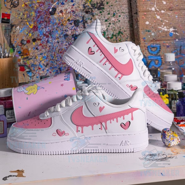 Custom Air Force 1 Pink Drip Shoes, Custom Shoes Kid, Custom Shoes Women