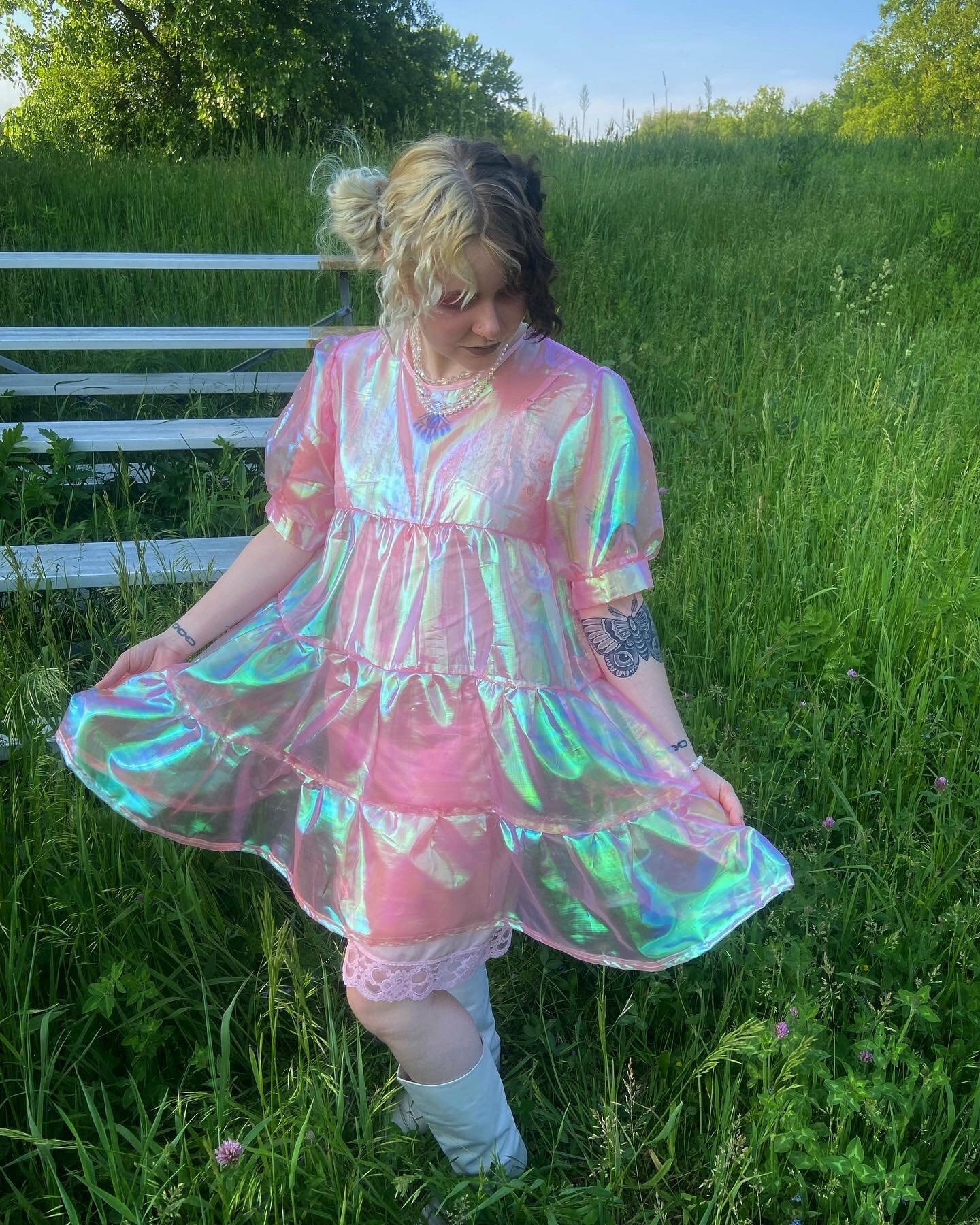 Sheer Organza Babydoll Style Shiny Dress, Handmade Unique Clothing