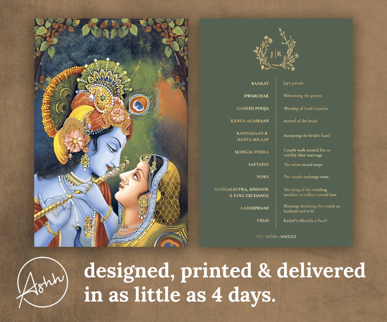 The Radha Krishna Wedding Program printed & Delivered With Etsy