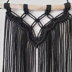 Black Macrame Wall Hanging With Driftwood and Black Crystal 