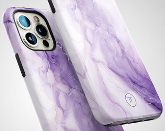 May include: Two purple and white marble phone cases with a black border. The case on top has a small circle with the letters "TF" inside.