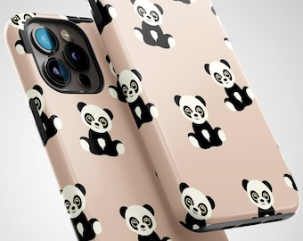 May include: Two phone cases with a repeating pattern of black and white panda bears on a light pink background. The cases have a glossy finish and a camera cutout.