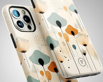 May include: A white phone case with a floral pattern featuring abstract shapes in shades of beige, green, and orange. The case has a small black logo that says "TF".