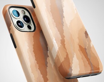 May include: Two phone cases with a brown and beige abstract watercolor pattern. The cases are made of a hard plastic material and have a black border.