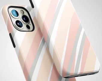 May include: Two phone cases with a white background and diagonal stripes in shades of pink and gray.
