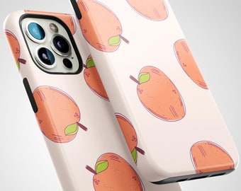 May include: A white phone case with a repeating pattern of peach-colored fruit with green leaves. The case is designed for a smartphone with a camera lens on the back.
