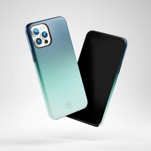 May include: A blue and green gradient phone case with a camera lens cutout and a small logo. The case is shown next to a black phone with a blank screen.