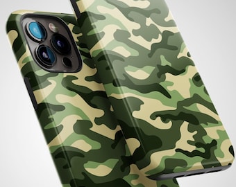 May include: Two green, brown, and beige camouflage phone cases. The cases are made of a hard plastic material and have a smooth finish.