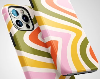 May include: Two phone cases with a colorful abstract pattern of wavy lines in shades of pink, yellow, green, and orange. The cases are designed to fit an iPhone.