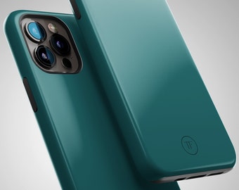 May include: Two teal phone cases, one with a camera lens cutout and the other with a "TF" logo.