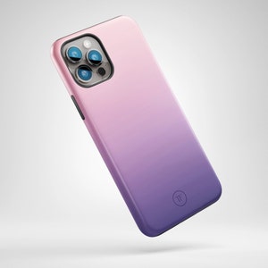 May include: A pink and purple gradient phone case with a small circle logo that says "TF".