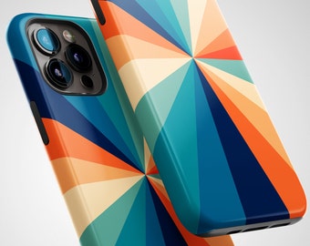 May include: Two phone cases with a colorful geometric pattern. The pattern is a radial design with blue, orange, yellow, and green colors.
