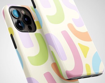 May include: A phone case with a white background and a colorful abstract pattern of pastel pink, yellow, green, and blue shapes.