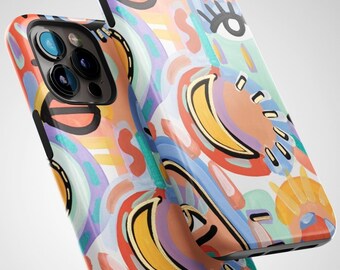May include: A colorful phone case with a white background and abstract shapes in shades of blue, yellow, orange, and pink. The case features a design of eyes, smiles, and other abstract shapes.