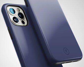 May include: Two navy blue phone cases, one with a camera lens cutout and the other with the letters "TF" in a circle.