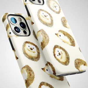 May include: A white phone case with a repeating pattern of watercolour hedgehogs. The hedgehogs are brown and have small black eyes.