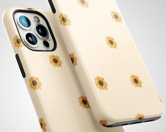May include: A cream-colored phone case with a repeating pattern of small yellow sunflowers. The case is designed for an iPhone.