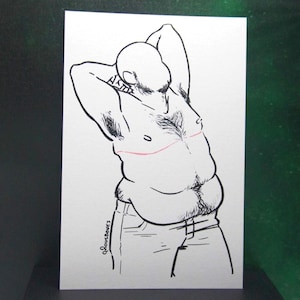 May include: A black and white line drawing on white paper depicts a person with arms raised behind the head. The person is wearing blue jeans. A red line is drawn across the chest. The artist's signature is in the lower left corner.