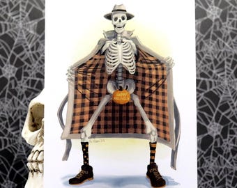 Funny Halloween Mini Art Print - Vintage Style Skeleton Flasher