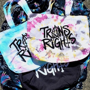 TRANS RIGHTS Hand Printed Tote Bag - Transgender Pride, Nonbinary Pride, Solid Black