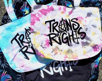 TRANS RIGHTS Hand Printed Tote Bag - Transgender Pride, Nonbinary Pride, Solid Black