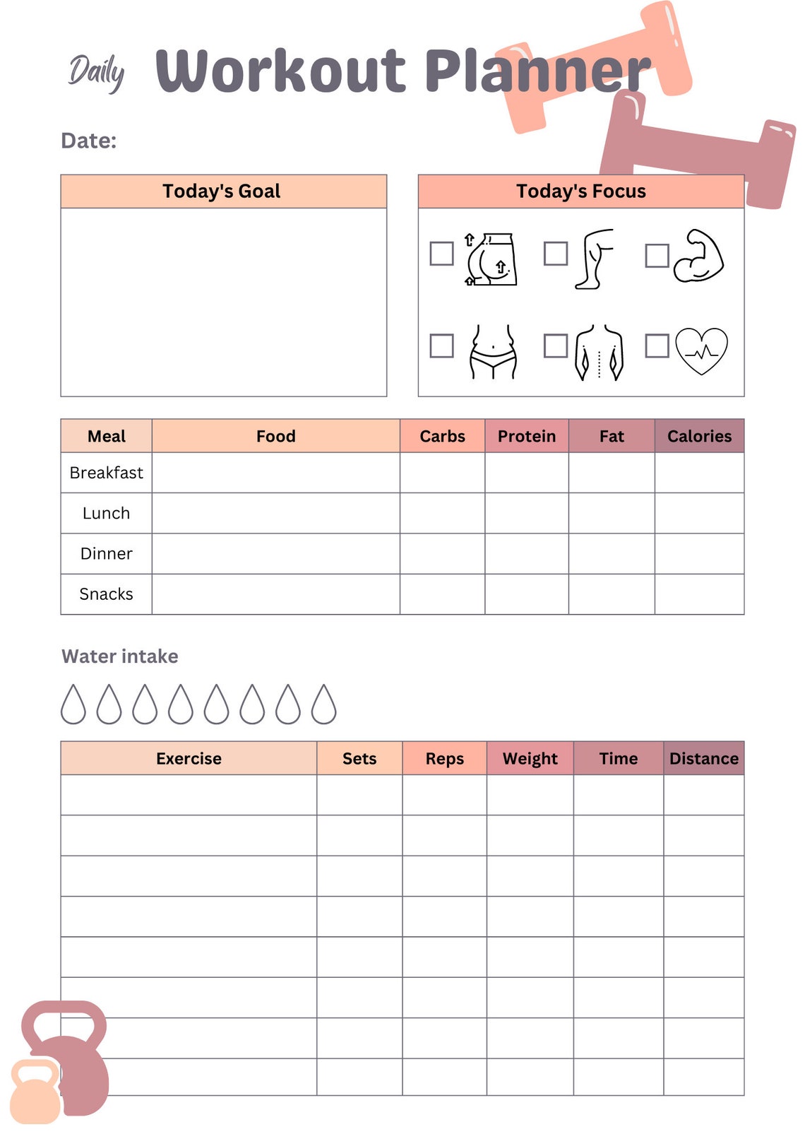 Printable Daily Workout Planner Fitness Planner PDF File - Etsy