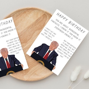 Cartão de aniversário de desenho animado de Trump sarcástico para impressão, paródia engraçada de Trump, cartão de aniversário político humorístico, aniversário exclusivo de Trump em PDF