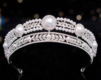 Tiara Crown with  American Zirconia & Pearl 925 Sterling Silver