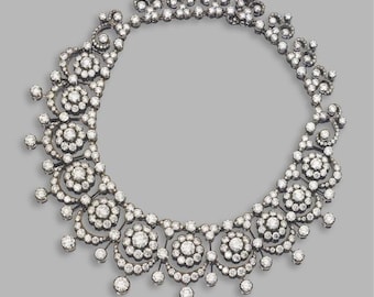 Victorian Era Diamonds Necklace with American Diamonds, Sterling Silver 925.
