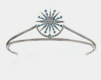 Wedding Star Tiara crown with Natural Victorian Rose cut diamonds & Aquamarine 925 Sterling Silver (Wedding Special)