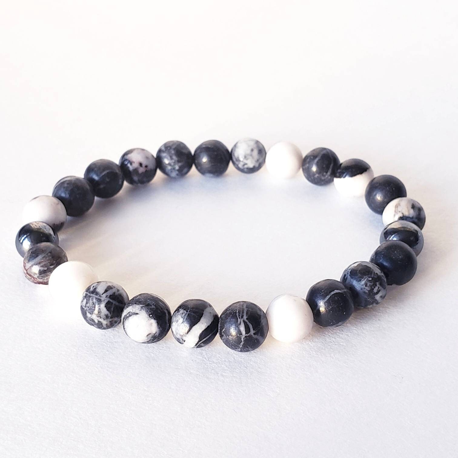 Mens/unisex Zebra Stone and Hematite Beaded Bracelet Etsy New Zealand