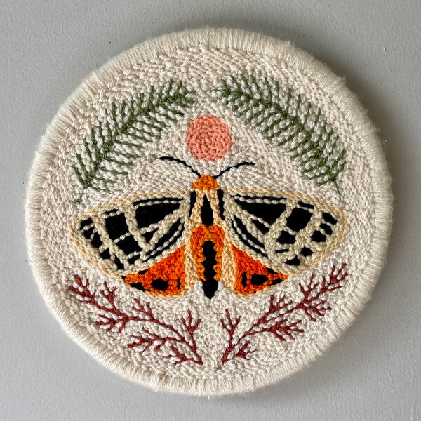 Tiger Moth and Ferns // Punch Needle Hoop