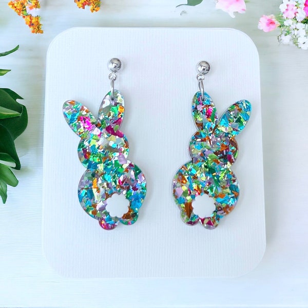 Easter Bunny earrings, Cute glitter Rabbit themed Earrings, rainbow bunny earrings , animal earrings, summer earrings