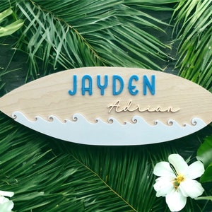 Personalized Surfboard Sign, Custom Name Plaque, Beach Decor, Surfer decor, Surfboard Wall Art, Beach Nursery, Wood Name Sign