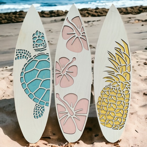 Hawaiian style surfboards / Sea turtle wall hanging / hibiscus flower decor / pineapple decor / beach decor / surfboard hanging / ocean