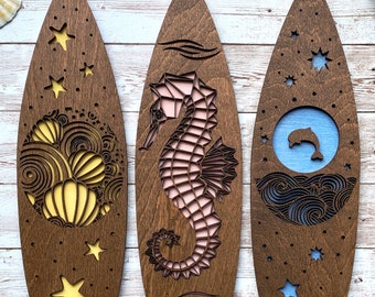 Surfboards style wall art/ Sea horse wall hanging / dolphin decor / waves decor / beach decor / surfboard hanging / ocean art
