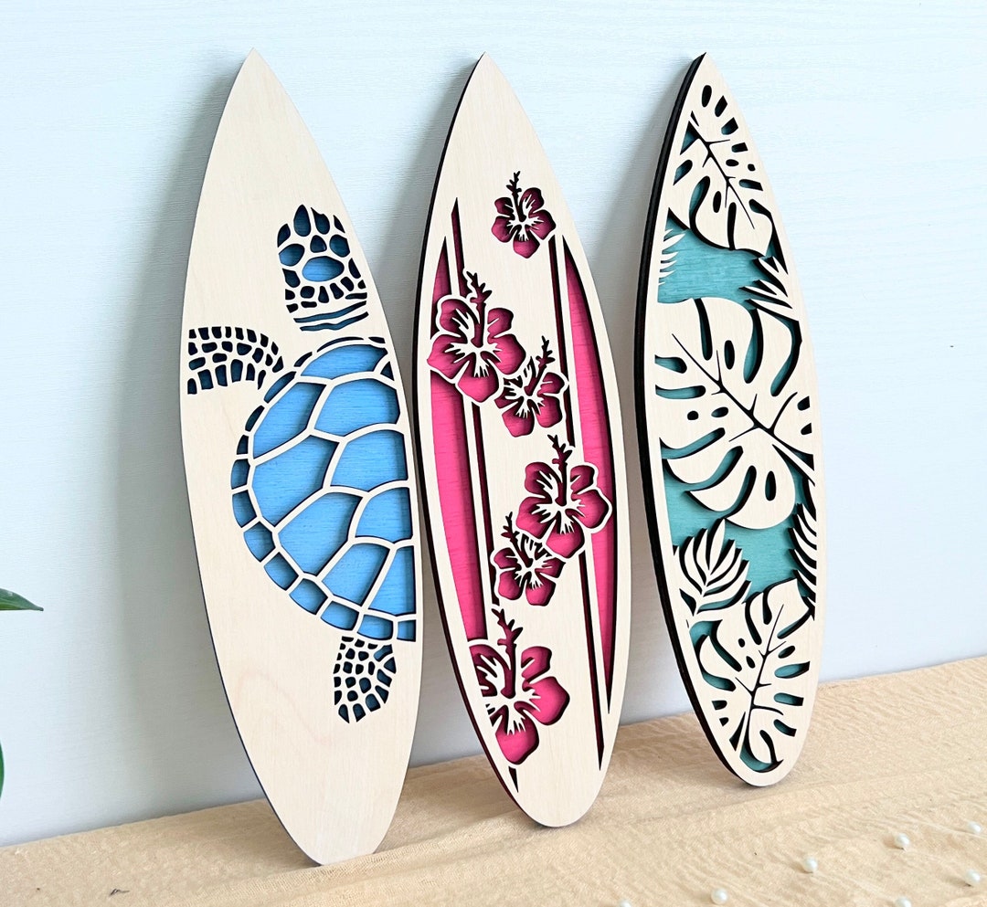 Surfboard Wall Decor, Hibiscus and Sea Turtle Tropical Home