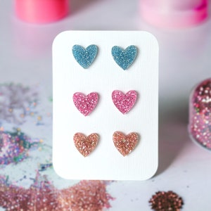 Heart stud earrings, glitter valentines day gift, jewelry heart earrings,  sparkle earrings, pink glitter earrings, gift for her