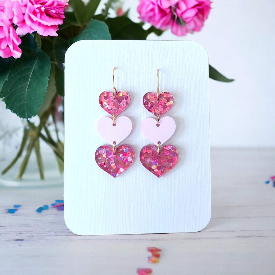 Glitter Heart Earrings, Stacked Heart Valentines Day Gift, Jewelry