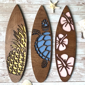 Hawaiian style surfboards / Sea turtle wall hanging / hibiscus flower decor / pineapple decor / beach decor / surfboard hanging / ocean