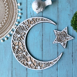 floral moon and star set | Nursery wall decor |wooden crescent moon | kids room wall decorations | nursery hangings | Moon and star wall art
