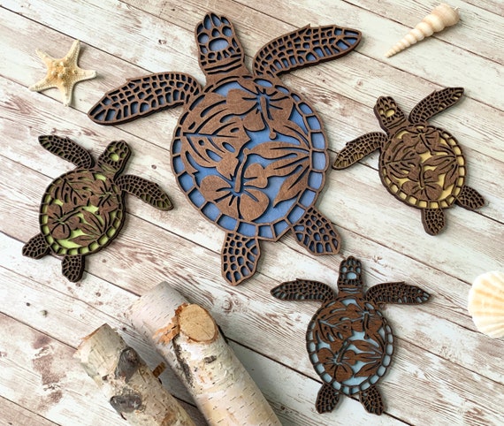 Tropical Sea Turtle Family Wall Art hawaiian Honu Ohana Wall Decor Turtle Wood Hanging Wall Art Hanging Surfing Decor Sea Art Etsy