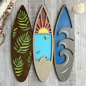 Wooden Surfboards Wall Art, Hawaii's Waves, Sunset, Sea Turtle, Hibiscus Accents and ALOHA Vibes, Beach Decor, Ocean-Inspired