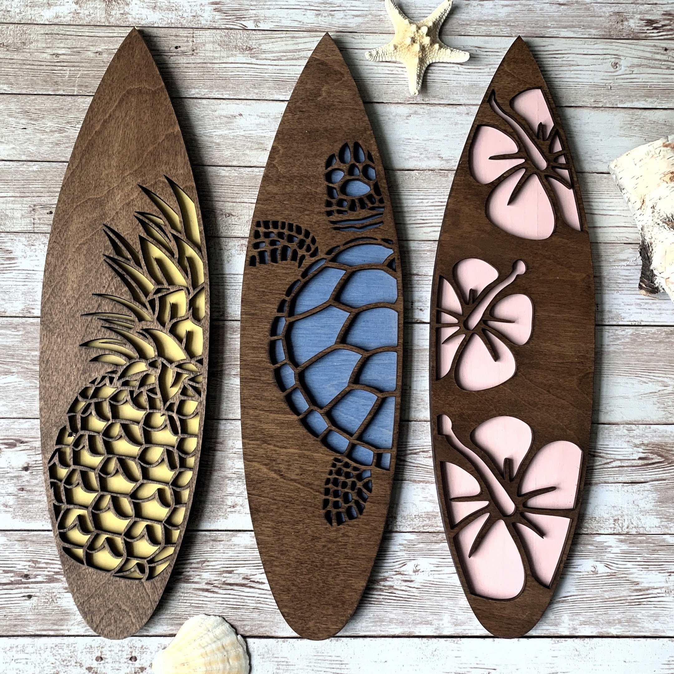 Wooden Surfboard Wall Art: Turtle, Hibiscus, Pineapple Decor
