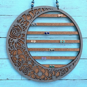 Floral Moon Stud Earring Organizer: Wall Mount Jewelry Holder