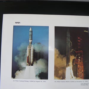 May include: Two NASA images of rocket launches. The left image shows the Titan-Centaur/Viking 1 liftoff on August 20, 1975, with a rocket emitting smoke and flames. The right image shows the Atlas-Centaur/BEAU 2 liftoff on November 11, 1978.