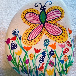 Painted Butterfly rock. Large rock hand painted. Very Pretty rock Whimsy butterfly with flowers