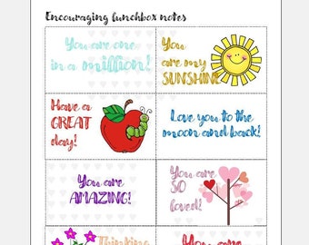 Lunch Box Notes for Kids (Print at home) 24 cards - Cute and Encouraging messages with some you can fill in with your own message!