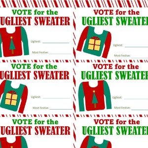May include: A festive sheet with multiple "Vote for the Ugliest Sweater" cards. Each card features a sweater design with a Christmas tree or gift box. The cards have space to write "Ugliest" and "Most Festive". The background has red and white candy cane stripes.